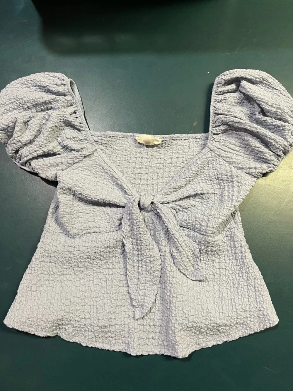 See You Monday Powder Blue Puff-Sleeve Tie-Front Crop Top (226) - Picture 6 of 6
